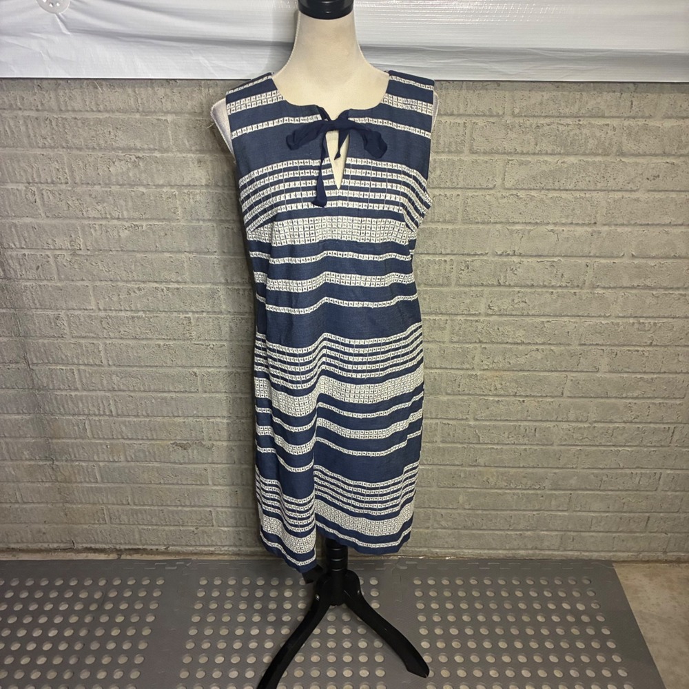 Karl Lagerfeld Paris Navy White Striped Eyelet Bow Sheath Dress Womens 10
